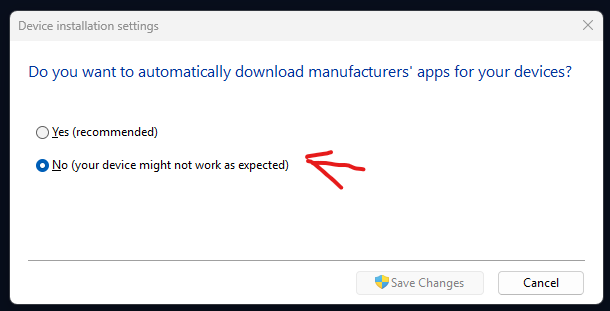 Device installation settings dialog with No selected